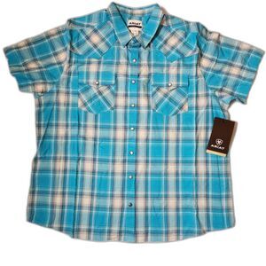 Ariat Howard Retro Snap Shirt Men’s XXL Peacock Blue Plaid Short Sleeve Western